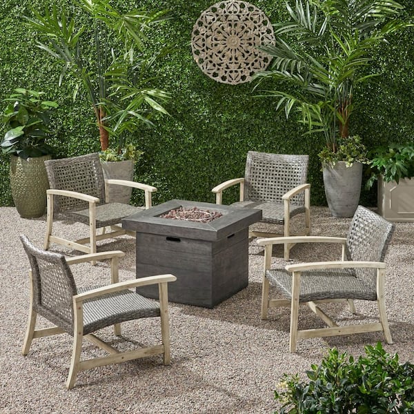 Noble House Breakwater Mixed Black 5-Piece Wood Patio Fire Pit Seating Set