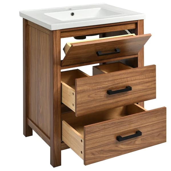 Unbranded 24 in. W x 18.3 in. D x 34 in. H Single Sink Freestanding Bath Vanity in Natural Wood with White Ceramic Top & 3-Drawers
