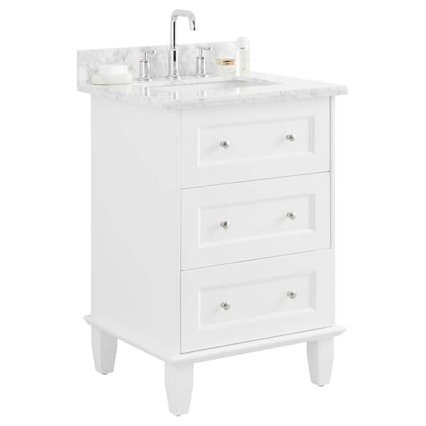 Lenore 24 in. W x 21 in. D x 34 in. H Single Sink Bath Vanity in White with Carrara Marble Top and Ceramic Basin