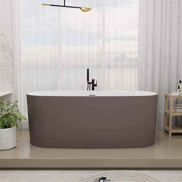 Mokleba 59 in. x 28 in. Stone Resin Flatbottom Solid Surface Freestanding Double Slipper Soaking Bathtub in Gray