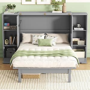Gray Wood Frame Queen Size Murphy Bed with USB Charging Station, Drawers, Storage Shelves