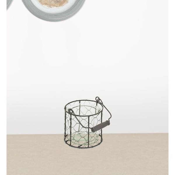 HomeRoots Victoria 4.5 in. Brown And Clear Wire Basket and Glass Jar