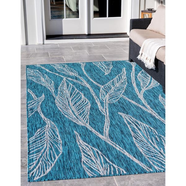 Outdoor Leaf Teal 6 ft. x 9 ft. Area Rug
