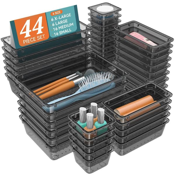Clear Plastic 44 PCS Drawer Organizer Set, 4 Varied Size Storage Bins and Trays for Makeup, Jewelry, Utensils, Bedroom