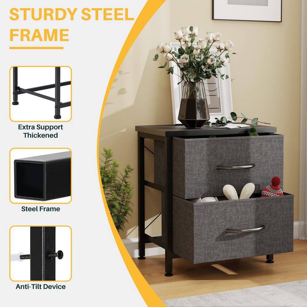 Gray and Black Metal Frame Nightstand Set with MDF Top, 2 Fabric Drawers