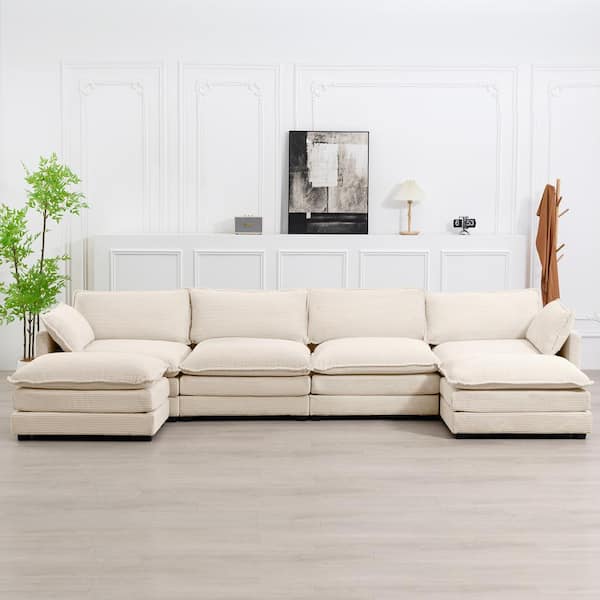 147 in. W 6-Piece Modern Fabric Sectional Sofa with Ottoman in Beige