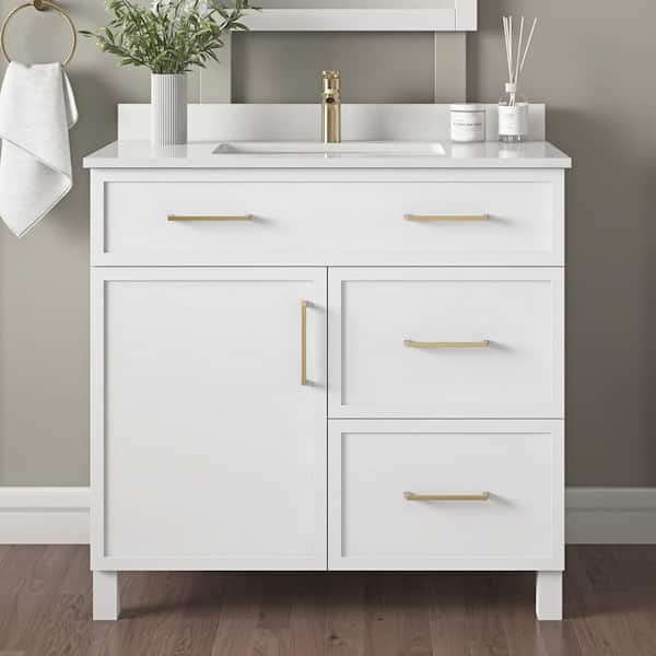 Home Decorators Collection Bilston 36 in. W x 19 in. D x 34 in. H Single Sink Bath Vanity in White with White Engineered Stone Top