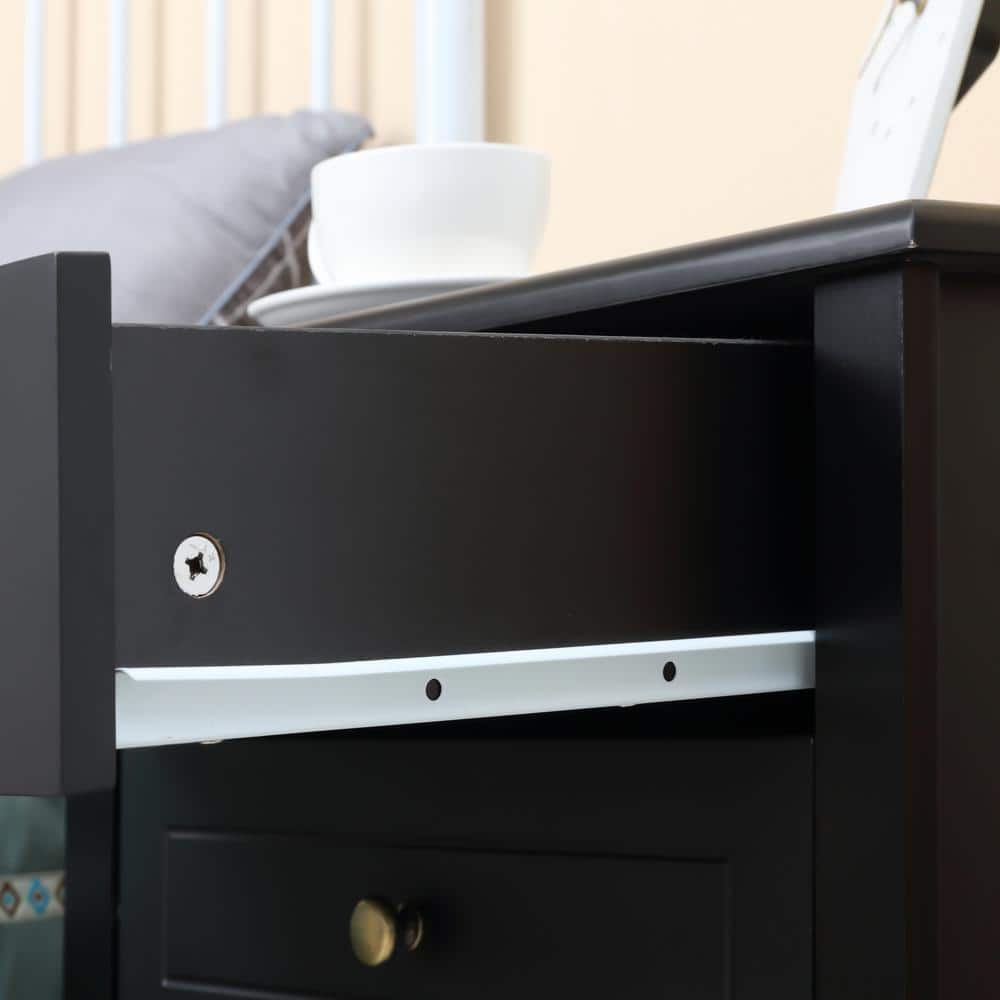 Modern Black Wood Side Table with Dual Storage Drawers and Shelf