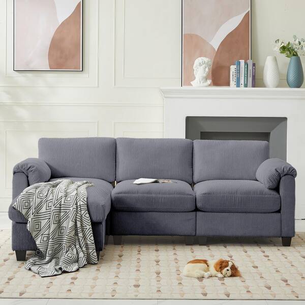JEAREY 85.37 in. Corduroy Modular Rectangular Dark Grey Sectional Sofa with Ottoman for Living Room and Spacious Space DXRZJSF4 Dark Grey