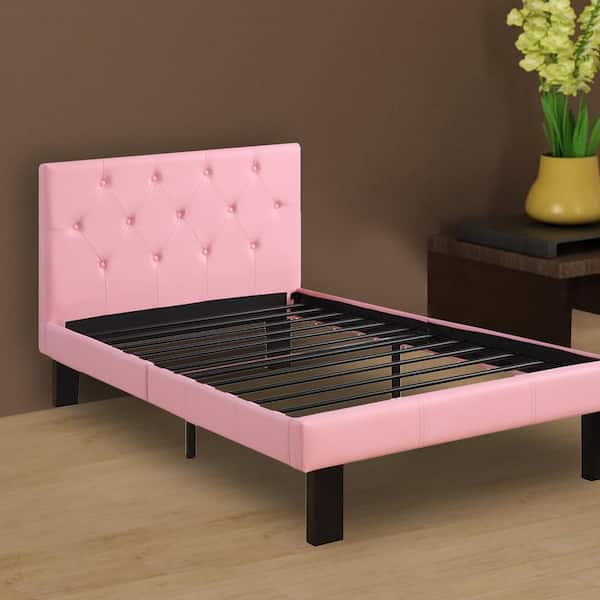 Benjara Faux Leather Upholstered Pink Full Size Bed with Tufted 