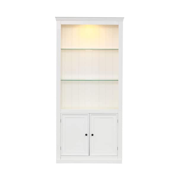 78.75 in. Tall White Wood Display Bookcase with 5-Colors LED Light and Adjustable Glass Shelves