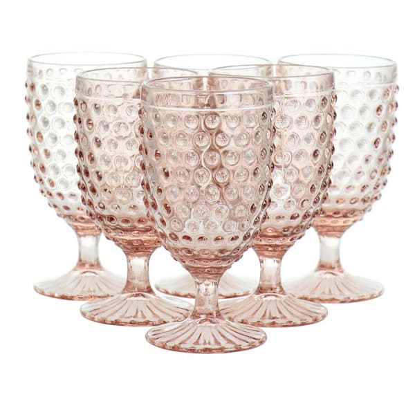 MARTHA STEWART 6 Piece 14.2 oz. Clear glass Hobnail Goblet Drinkware Set in Pink