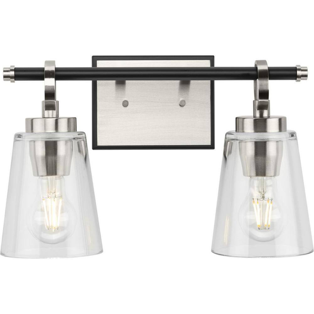 Cassell 2-Light Brushed Nickel and Matte Black Vanity Fixture with Clear Glass Shades