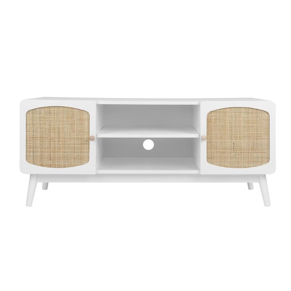 JASIWAY Modern White TV Stand TV Console Fits TVs up to 48 in. with Rattan Doors