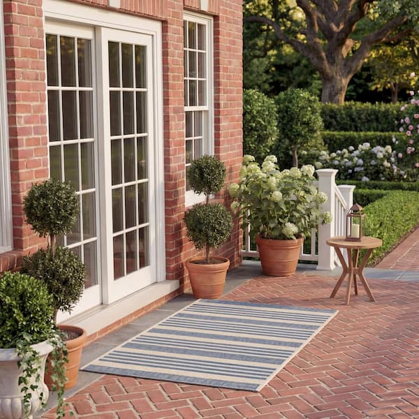 Courtyard Beige/Blue Doormat 2 ft. x 4 ft. Striped Indoor/Outdoor Patio Area Rug
