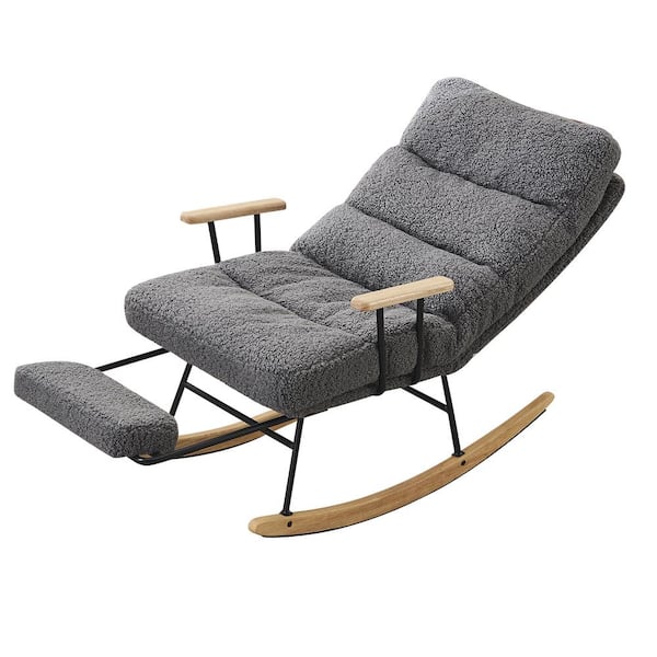 Sudzendf Modern Metal Outdoor Rocking Chair with Gray Cushions, High Back, Retractable Footrest and Adjustable Back Angle