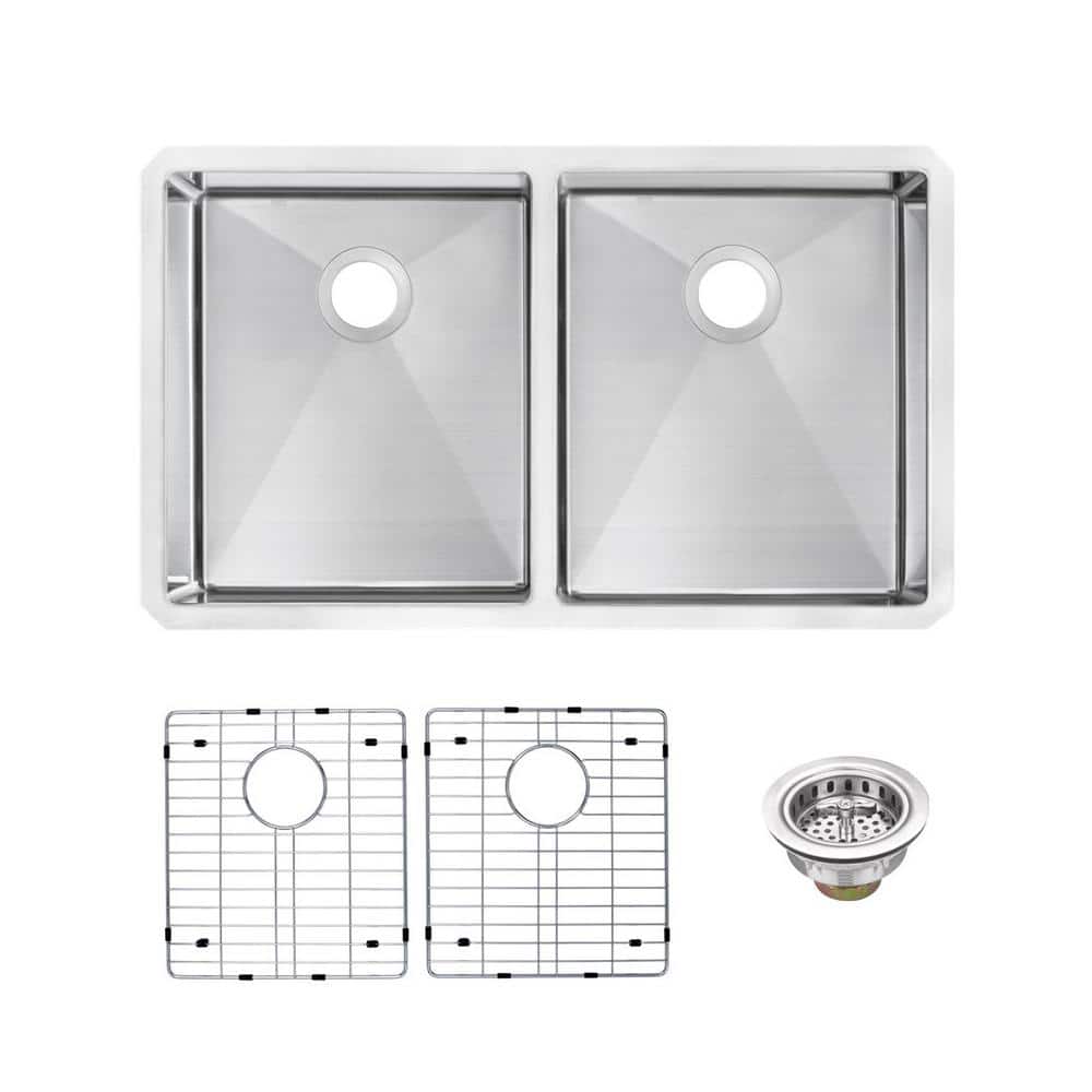 32 in. Handmade Tiny Radius Undermount Double Bow 50/50l 16-Gauge Stainless Steel Kitchen Sink with Accessories price history on PriceWatchPro