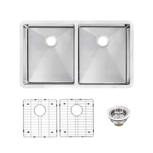 32 in. Handmade Tiny Radius Undermount Double Bow 50/50l 16-Gauge Stainless Steel Kitchen Sink with Accessories