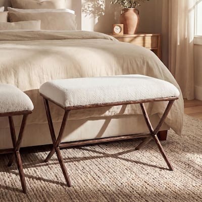 24.5 in. W Beige Boucle Fabric Upholstered Ottoman with X-Metal Base