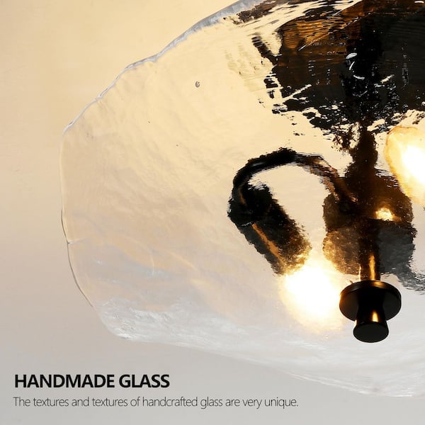 16.5 in. 2-Light Black Semi Flush Mount Ceiling Light Fixture with Water Ripple Glass Shade and No Bulbs Included