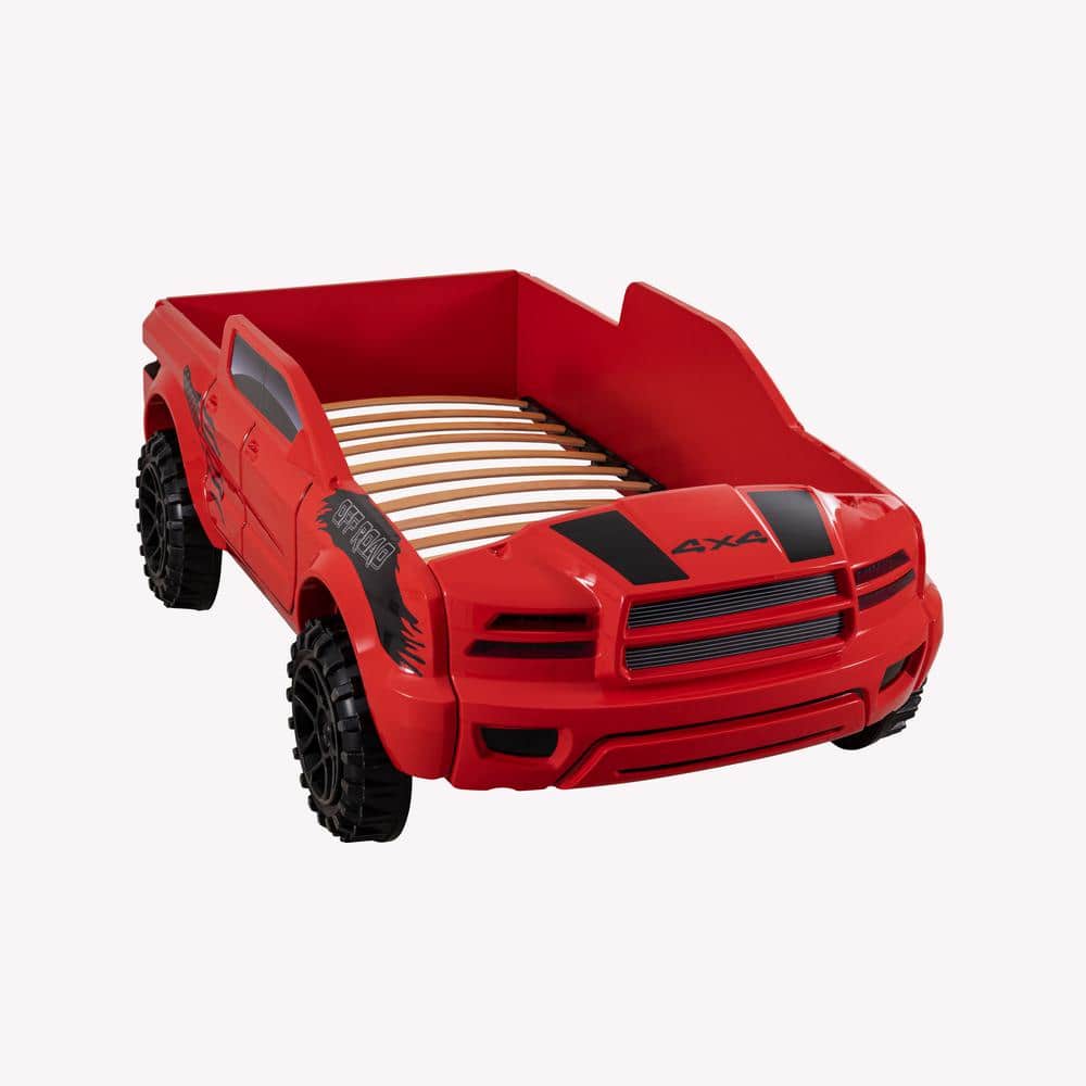 Furniture of America Justin Red Twin Rugged PickUp Truck Kids Bed with LED Lights IDF7725RD