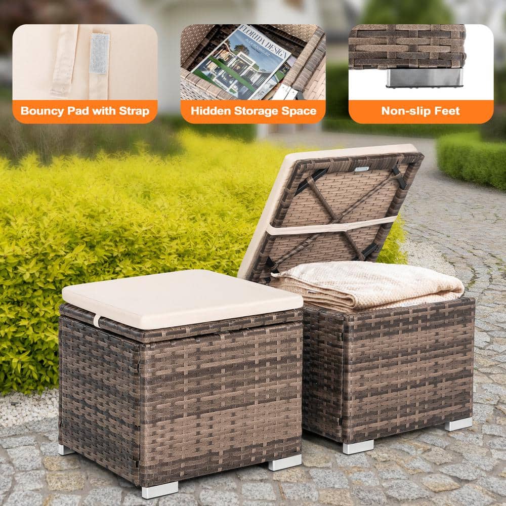 Brown and Beige Wicker Outdoor Storage Ottoman with Cushion