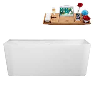 55 in. x 30 in. Acrylic Freestanding Soaking Bathtub in Glossy White with Glossy White Drain, Bamboo Tray