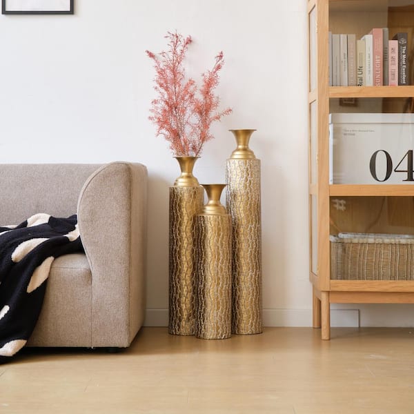 33.86 in. 29.53 in. 24.8 in. Gold Metal Decorative Bottle Vases w/ Growing Vine Patterns Set of 3 Vases Home Decoration