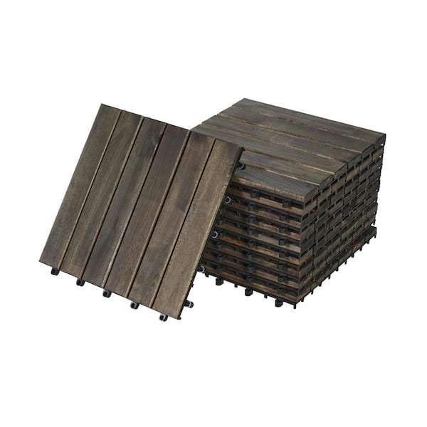 12 x 12 in. Outdoor Patio Stripe Pattern Interlocking Design Acacia Hardwood Flooring, Dark Brown, 10 pcs