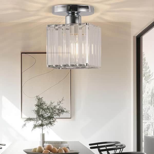 YANSUN 5.5 in. 1-Light Chrome Square Crystal Semi Flush Mount Ceiling Light for Foyer Closet Entryway Kitchen Bedroom