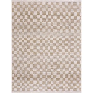 Hauteloom Beige/Gold 7 ft. 10 in. x 10 ft. Pertek Checkered Square Tile Distressed Rectangle Area Rug