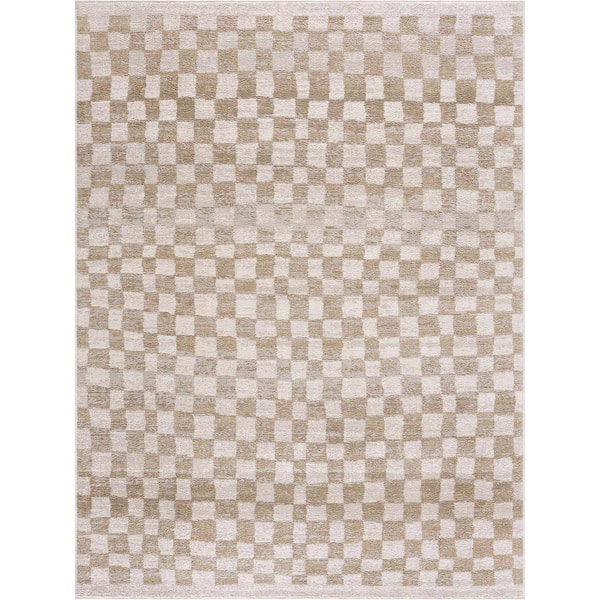 HAUTELOOM Hauteloom Beige/Gold 7 ft. 10 in. x 10 ft. Pertek Checkered Square Tile Distressed Rectangle Area Rug