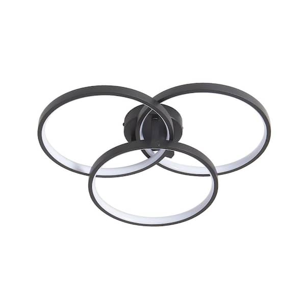PUDO 19.7 in. 3-Light Black Semi-Flush Mount Ceiling Light with 3-Ring Design