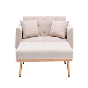 Beige Modern Velvet Tufted Chaise Lounge Chair with Golden Metal Legs