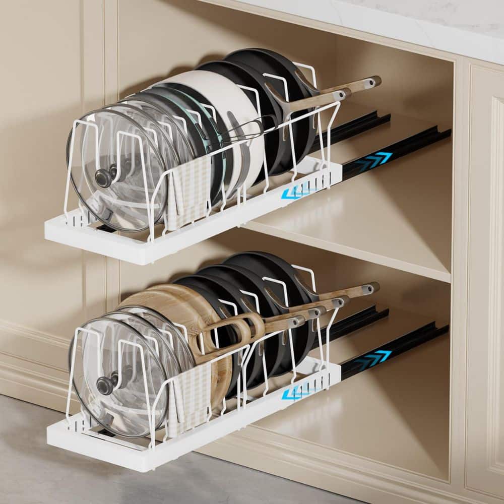 Anqtovp White Pull Out Expandable Rack Pot and Pan Organizer Under Cabinet with Adjustable Dividers 2 Pack 22 Inch Deep 29CPH033646 - The Home Depot
