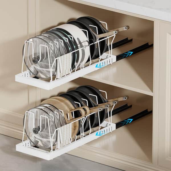 White Pull Out Expandable Rack Pot and Pan Organizer Under Cabinet with Adjustable Dividers 2 Pack 22 Inch Deep