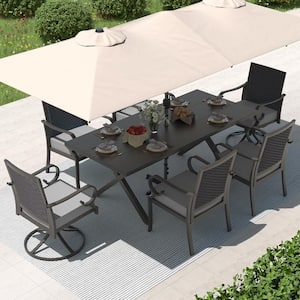 8-Piece Metal Patio Outdoor Dining Set with Back-Woven, Swivel Chairs, Rectangular Table, Umbrella and Grey Cushions