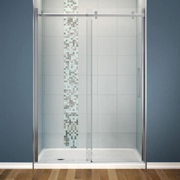MAAX Halo 30 in. x 60 in. x 81-3/4 in. Frameless Sliding Shower Kit with Left Drain Base in White
