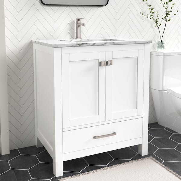 Anneliese 30 in. W x 21 in. D x 35 in. H Single Sink Freestanding Bath Vanity in Matte White with Carrara Marble Top