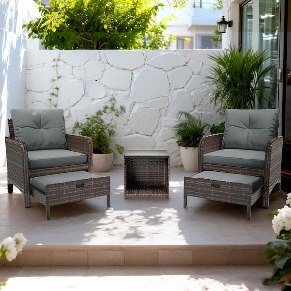 5-Pieces Wicker Patio Furniture Set, Outdoor Chairs with Ottomans, Dark Gray Cushions