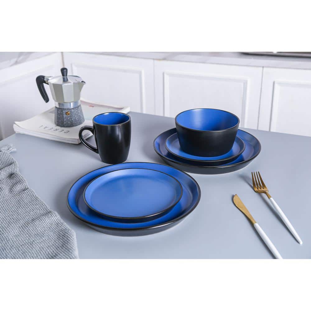 Blue and Black Glazed Porcelain 16-Piece Dinnerware Set