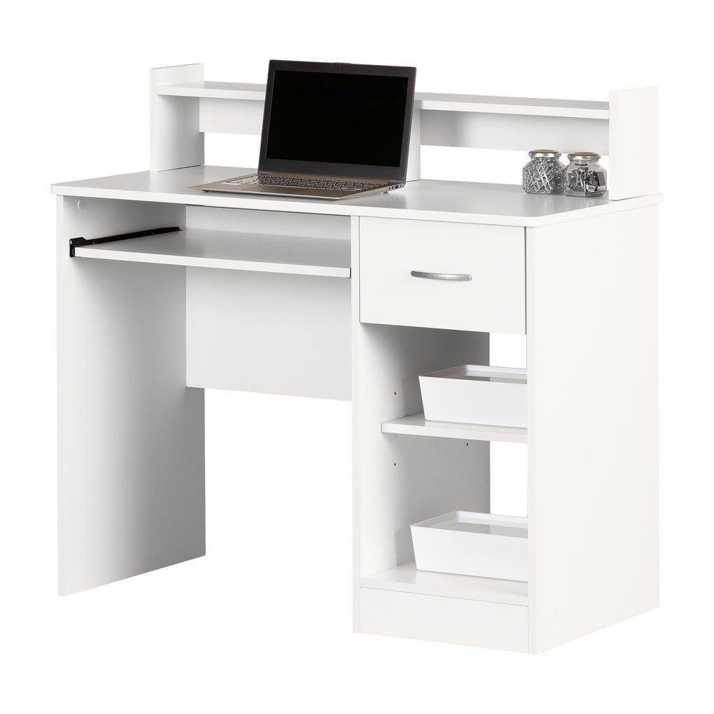 White Wood Computer Desk with Hutch and Drawer