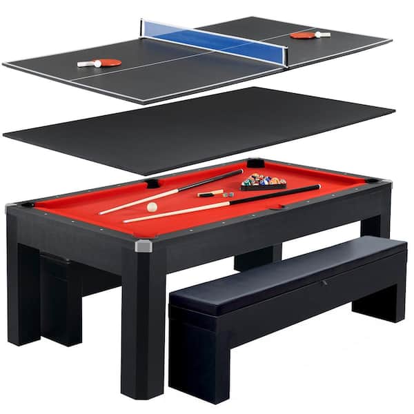 Hathaway Park Avenue 7 ft. Pool Table Tennis Combination with Dining Top, 2 Storage Benches and Free BG2530PR - The Home