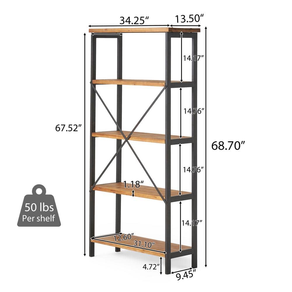 Perth 69.5" Brown Wood and Iron Industrial Bookcase