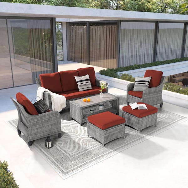 Sonkuki 6-Piece Patio Conversation Sofa Set Gray Wicker with Side Table and Thickening Cushions, Rust Red