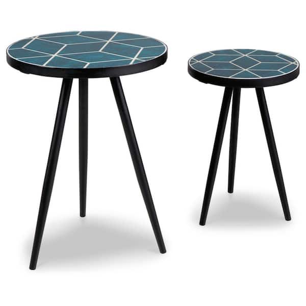 Signature DESIGN BY ASHLEY Clairbelle 16 in. Blue/Black Round Tile Coffee Table (Set of 2)