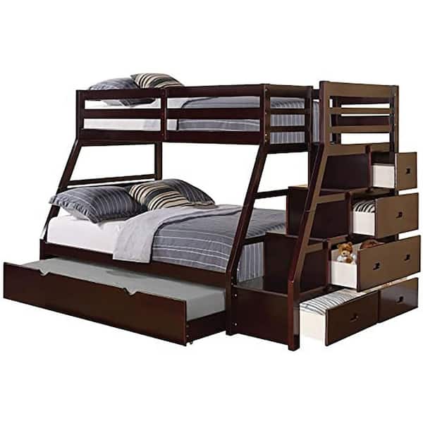 ANBAZAR Brown Twin Over Full Solid Wood Bunk Bed with Trundle, Kids Bunk Bed Frame with Drawers and Stairs