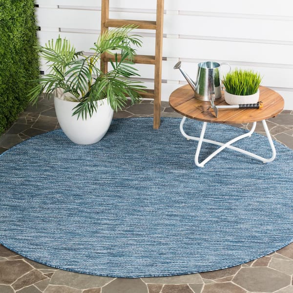 Courtyard Navy 9 ft. x 9 ft. Coastal Ikat Solid Indoor/Outdoor Patio Round Area Rug