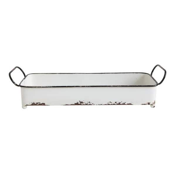 Storied Home Decorative Metal Tray with 2 Handles in Distressed White and Black