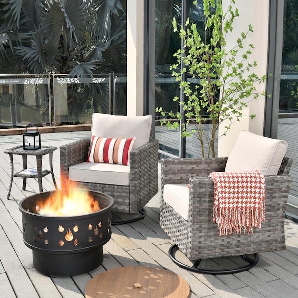 Toject Eufaula Gray 4-Piece Wicker Outdoor Patio Conversation Swivel Chair Set with a Wood-Burning Fire Pit and Beige Cushions